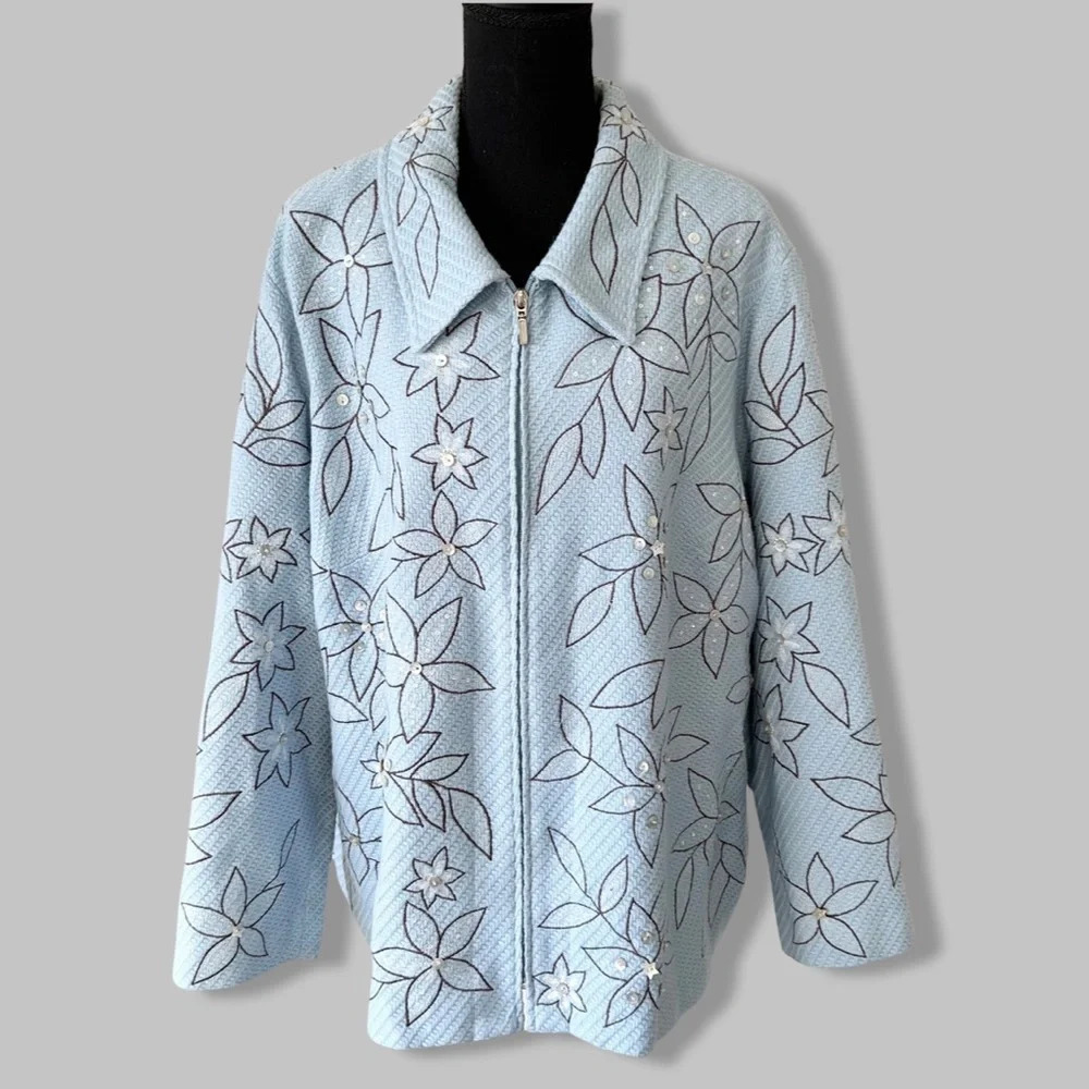 Vintage Attitude Light Blue Floral Embroidered Sequins Zip Up Jacket